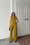 TENCEL MODAL KOLSUZ BLUZ KAPALI CEP DETAYLI DÖKÜMLÜ - PANTOLON TAKIM - Yağ Yeşili resmi